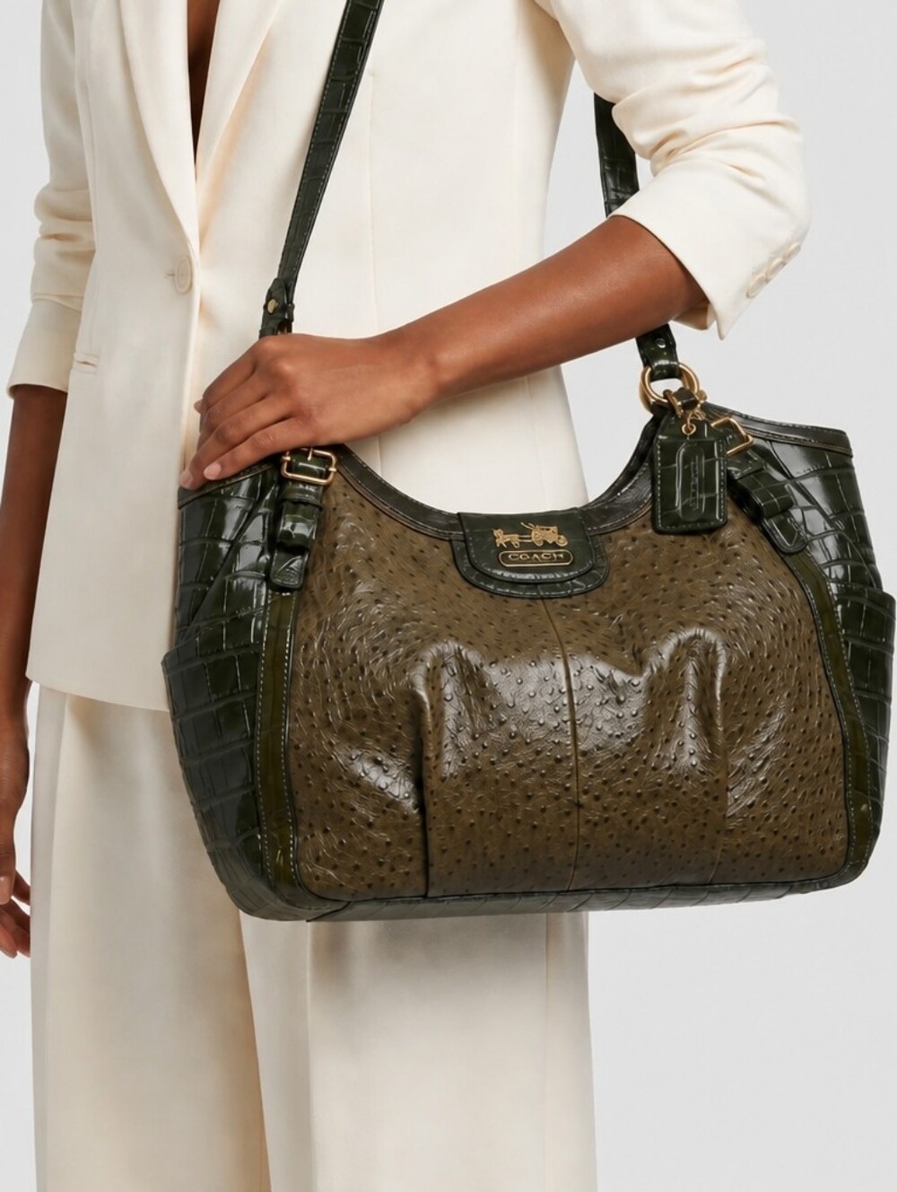 COACH RARE/HTF/LTD ED Exotic Olive Green & Taupe Croc & Ostrich Leather Tote Bag